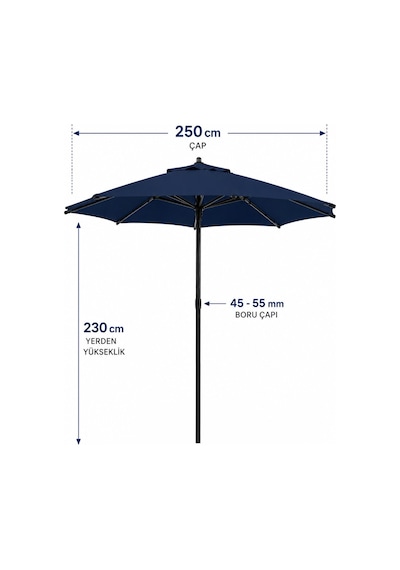 Alubrella Lacivert Bahçe, Güneş Şemsiyesi Yuvarlak 250 Cm Çap/8 Çelik Tel Bidonsuz