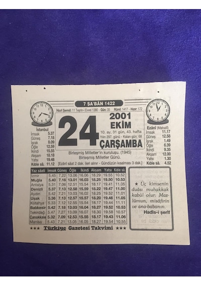 24 Ekim 2001 Takvim Yaprağı - Nostalji Koleksiyonluk Takvim Yaprağı B