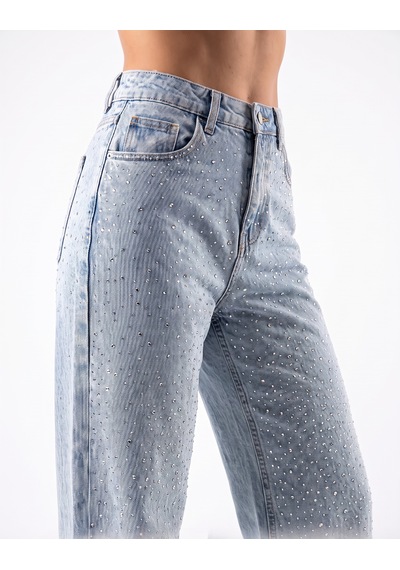 Kadın Açık Mavi Likralı Yüksek Bel Önü Full Taşlı Wide Leg Geniş Paça Jean Kot Pantolon