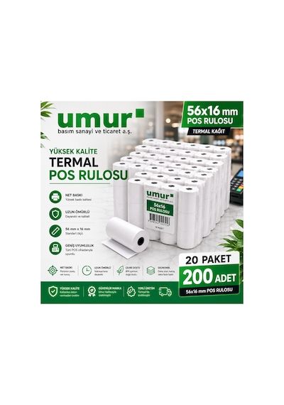 56x16 Mm Termal Pos Rulosu Pos Kağıdı 20 Adet 20 Paket X 10 Adet