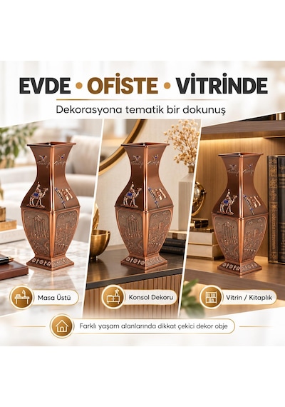 Türkiye Temalı Alaşım Metal Vazo 18 Cm Bronz Bakır Renk Kabartma Desenli Dekoratif Hediyelik Biblo
