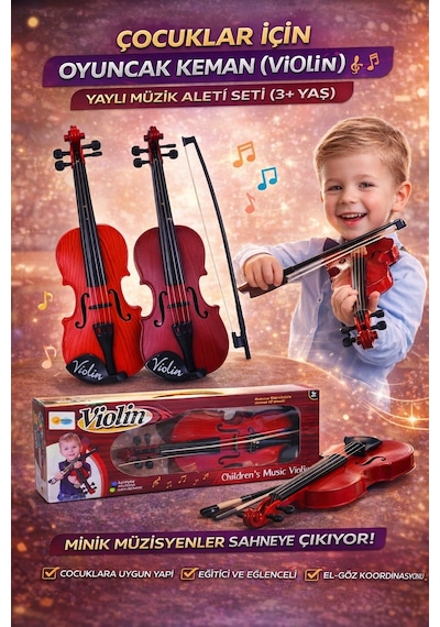 Keman Violin Yaylı Çocuk Müzik Aleti Gerçekçi Tasarım Eğitici Oyuncak