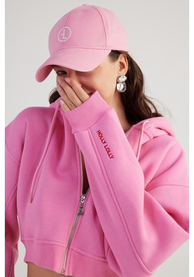 Holly Lolly Kadın Pembe Kapüşonlu Uzun Kol Fermuarlı Crop Mixed Sweat
