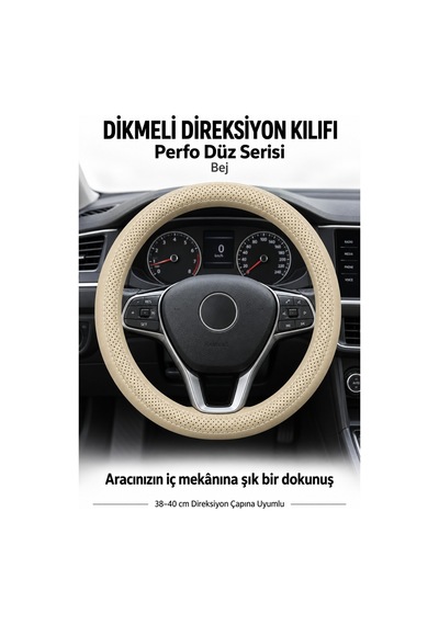 Trobus Mitsubishi L200 2015-2023 Uyumlu Dikmeli Direksiyon Kılıfı Perfo Düz Delikli Deri Bej
