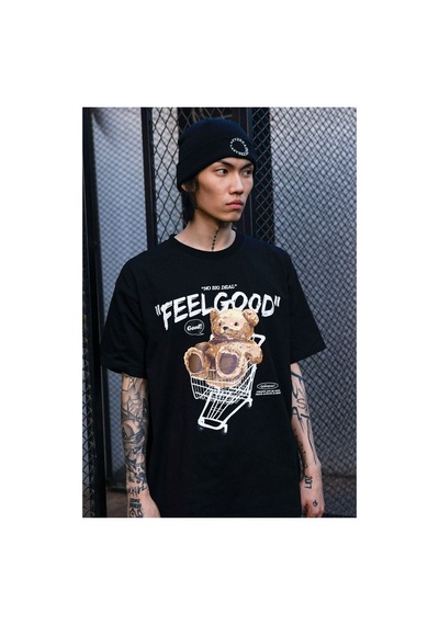 Flood Of Style Siyah Feel Good Ayı Baskılı Oversize Bisiklet Yaka Erkek Tişört