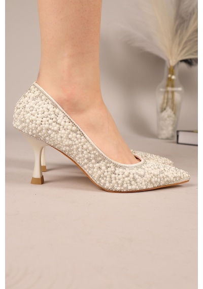 Birikon Parlosa Taş Ve İnci Baskılı Stiletto Sedef-7844 Sedef