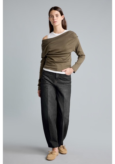 Defacto %100 Pamuk Slim Fit Tek Omuzlu Drape Detaylı Ribana Uzun Kollu Basic Tişört I2636ax26aukh447 Haki-kh447