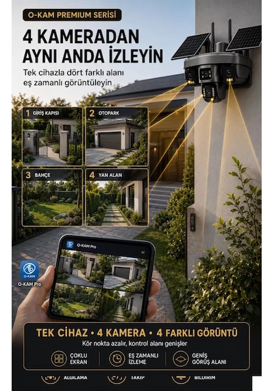 O-kam Ok335 Premium Serisi 12mp 4 Kameralı 4g Çift Solar Panel Gece Görüş 180gb 12ayx15gb İnternet +128gb Hafıza Akıllı Kamera