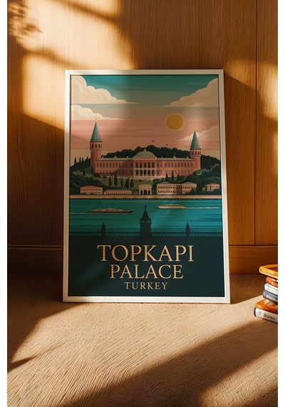 Topkapı Sarayı Tablo - Retro İstanbul Posteri - Osmanlı Mirası Duvar Dekoru - Çerçeveli İllüstrasyon Beyaz