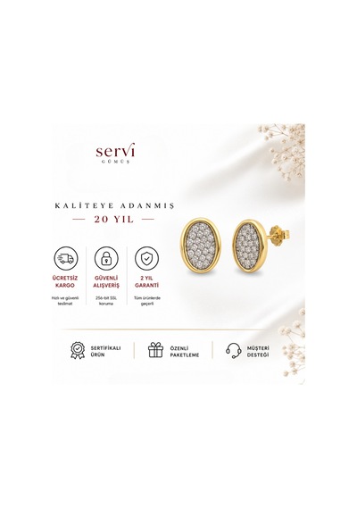 Servi 925 Ayar Gümüş Zirkon Taşlı Altın Renk Oval İtalyan Küpe -488 Altın - Gümüş