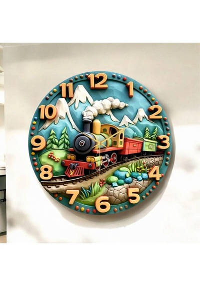 AA Shop Renkli Baskı Tren Çocuk Desenli Sayılı Hediyelik Ahşap Sessiz Duvar Saati 50cm ÇOk Renkli