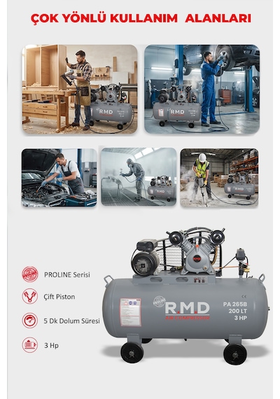 R.m.d Kompresör Hava Kompresörü Pistonlu 200 Lt 2 Kafa 8 Bar 3 Hp I Pa265b