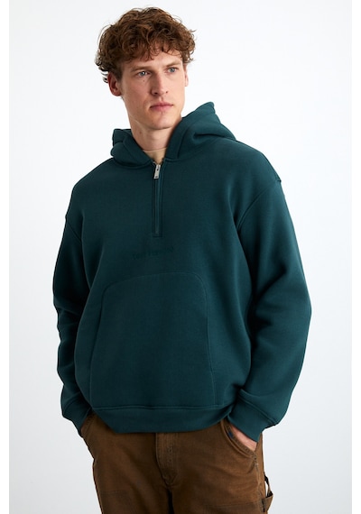 Grimelange Pavle Erkek Kapüşonlu Kanguru Cepli Fermuar Yakalı Yeşil Sweatshirt Yeşil