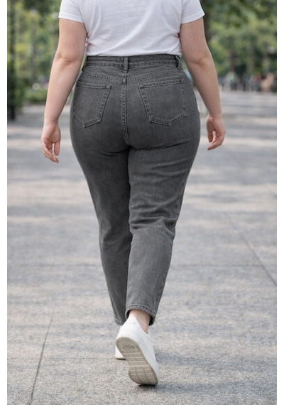 Cedy Denim Mom Fit Jean Büyük Beden Yüksek Bel Carrot Kesim Dar Paça Pileli Esnek Kot Pantolon C600 Gri