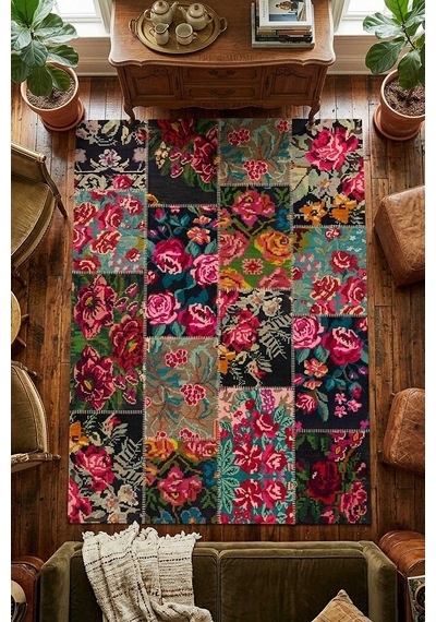 Patchwork Desen Dokuma Pamuk Taban Dijital Dekoratif Halı Kırmızı