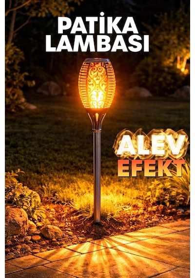 1 Adet Alev Efektli Bahçe Lambası Solar Güneş Enerjili Otomatik Fotoselli Bahçe Patika Lambası H12