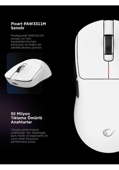 Clax 60 Gram Kablosuz Ultra Hafif Şarjlı 3311 Sensor 24000 Dpı 3311 Sensor Gaming Oyuncu Mouse Beyaz