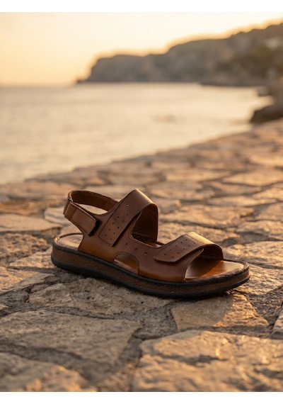Fame Step Hakiki Deri Unisex Ortopedik Sandalet Yumuşak Taban Cırtlı Comfort Yazlık Günlük Terlik Taba