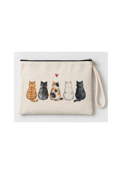 Beş Kedi Baskılı Fermuarlı Makyaj Çantası Bozuk Para Cüzdanı Clutch