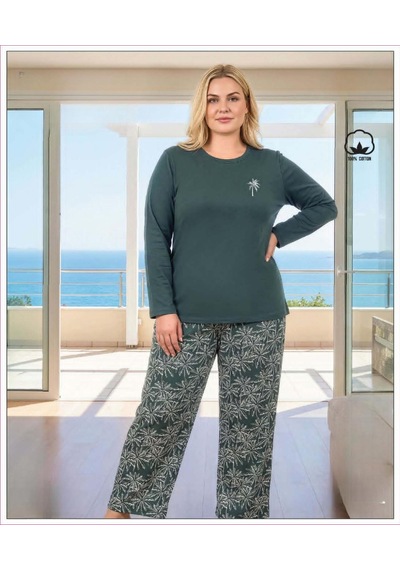 Melodi Kadın Büyük Beden %100 Pamuk Bisiklet Yaka Uzun Kollu Baharlık Pijama Takımı 17148 - 1 Adet Petrol