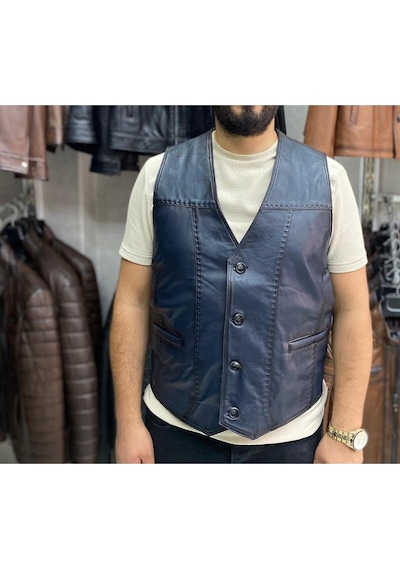Nyc Giyim Tekstil & Deri Hakiki Deri Lacivert Renk Yelek Slim Fit Kesim Lacivert