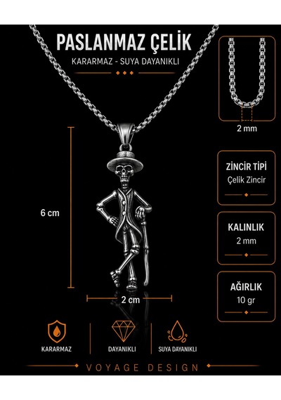 Paslanmaz Çelik Gotik Still Şapkalı İskelet Kolye Bastonlu Kuru Kafa Kolye Antik Gümüş