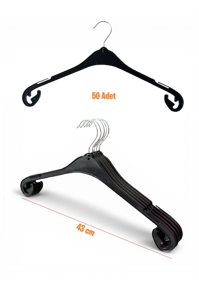 Bluz Askısı, Elbise Askısı, Tişört Askısı, Tunik Askısı, Gömlek Askısı, Siyah Renk, 43 Cm, 50 Adet