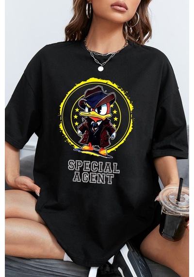 Unisex Special Agent Baskılı Oversize Tshirt Siyah