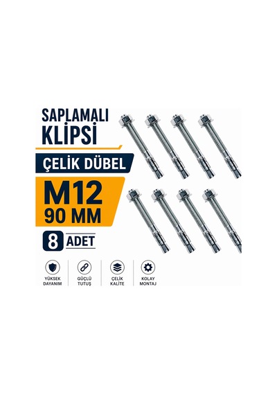Klipsli Dübel M12 X 90 Mm 8 Adet Set Çelik Gövdeli Beton Tuğla Taş Uyumlu Güçlü Sabitleme Dübel Seti