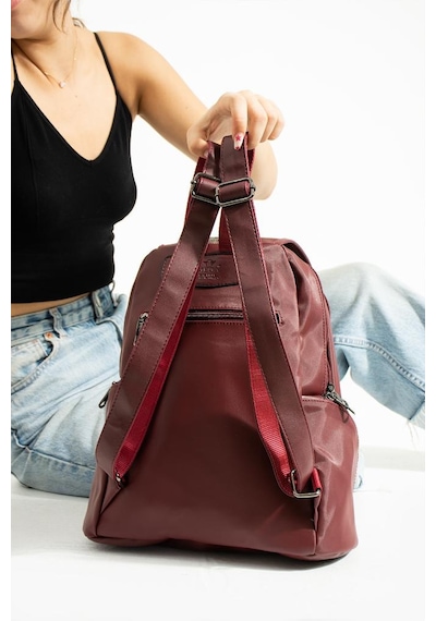 Baginn Saten Kumaş Kadın Sırt Çantası 33 23 Cm Yağmur İtici Kumaş Mega Bag Kapaklı Taşlı Model Bordo