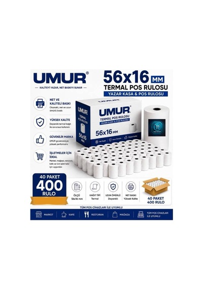 56x16 Yazarkasa Termal Pos Rulosu Net Baskı Yüksek Kalite Pos Cihazlarına Uyumlu 40 Paket 400 Adet