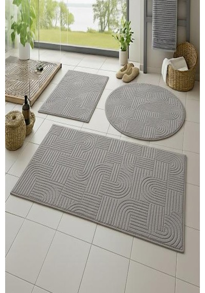 Raschel Carpet Bohem Emboss Premium Seri Kaymaz Taban Banyo Paspası Banyo Halısı Gümüş