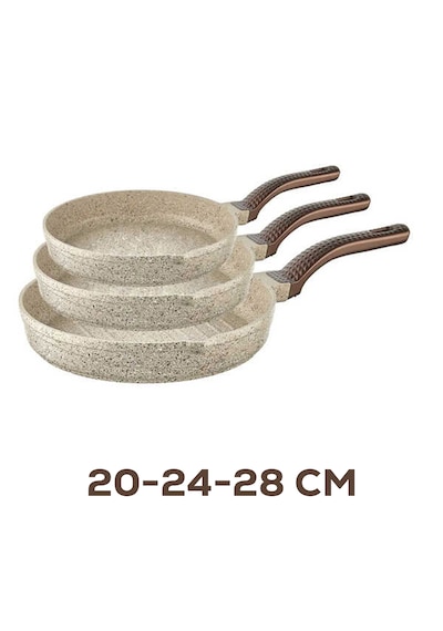 Oms 3738 Biogranit Döküm Grill Ergonomik Saplı 3 Parça Tava Seti Kum Beji 20-24-28cm Kum Beji