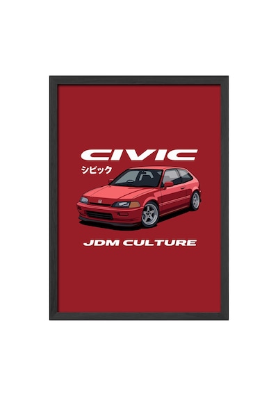 Honda Civic Siyah Ahşap Çerçeveli Poster, Dekoratif Jdm Araba Duvar Tablosu