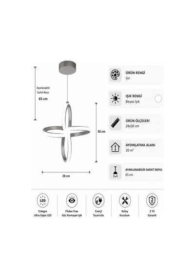 AvizeGO Enzo Led Sarkıt Avize Beyaz Işık Gri