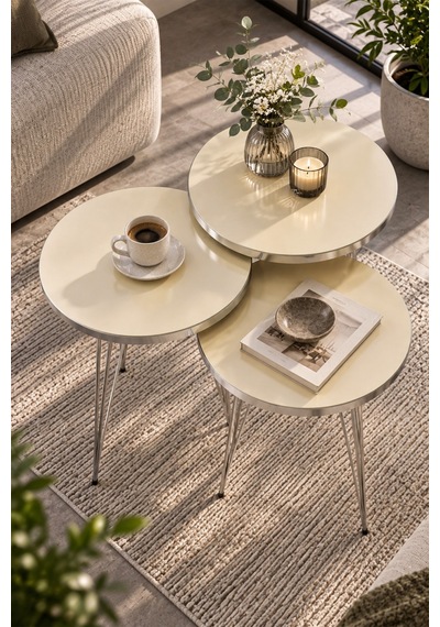 Sulorahome Gümüş Tel Ayaklı Krem Bej 3'lü Zigon Sehpa Takımı