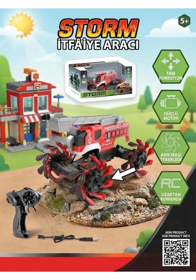 TıfılToys Uzaktan Kumandalı Şarjlı Akrobasi Tekerlekli-hareketli Merdivenli Off-road İtfaiye Aracı 30 Cm Kırmızı