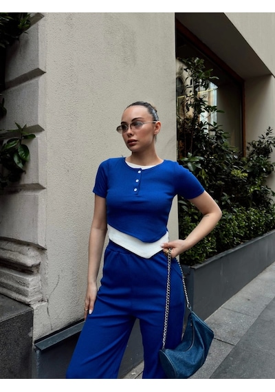 Byb Moda Tasarım Düğme Yakalı Saks Alt Üst Takım S3943 Saks