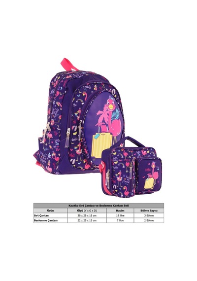 Kaukko Kids Flamingo Detaylı Okul Çantası L5223 Ve Thermo Beslenme Çantası L7223 Seti - Kız Çocuk Mor - Pembe