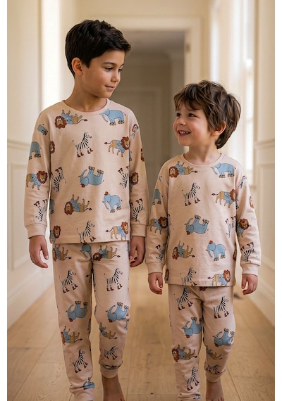 Zuzunga Sevimli Animal Aslan-zebra-fil Desenli Erkek Pijama Takımı Bej