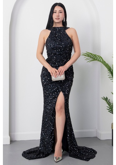 Kalopya Halter Yaka Yırtmaçlı Pulpayet Elbise Ecr5482 Lacivert