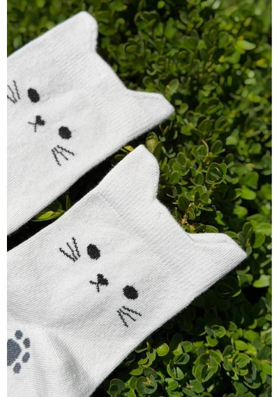 Lousocks Unisex Kedi Kulaklı Pati Desenli Gri Melanj Soket Çorap