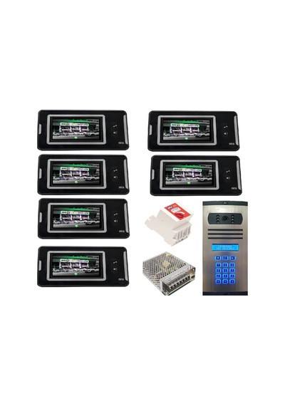 6 Daire Nts 2001-s 4,3'' Görüntülü Diafon Siyah-8003 Tuş Takımlı Şifreli Zil Panelli Set