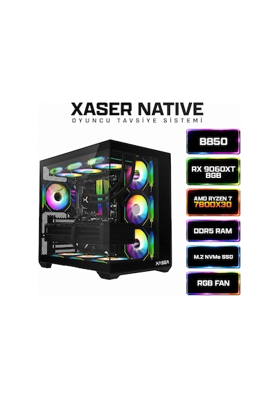 Xaser Native X190 R7 7800X3D 16 GB 512 GB M.2 Nvme SSD 8 GB RX9060XT Free Dos Masaüstü Oyuncu Bilgisayarı