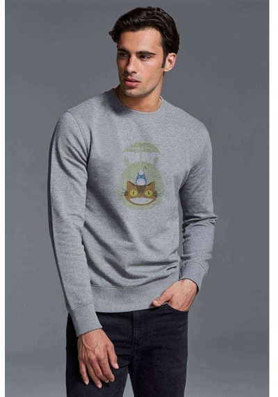 Komşum My Neighbor Totoro Baskılı Gri Erkek Örme Sweatshirt (530945624)