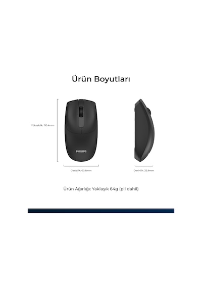 Philips SPK7398 Kablosuz 1600 DPI 3 Tuşlu Optik Sessiz Mouse