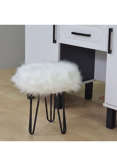 Beyaz Peluş Puf Tabure, Siyah Renk Metal Ayaklı Yumuşak Oturma Pufu 38x37 Cm - Yatak Odası, Salon Pufu Beyaz