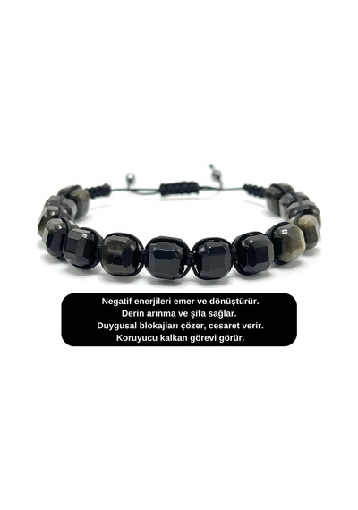 Sertifikalı Obsidyen Küp Kesim Makrome Doğal Taş Bileklik 8 Mm Siyah