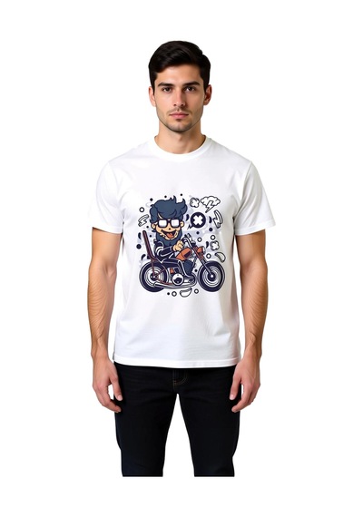 Paybuy Karikatür Adam Motosiklet Çizgi Sanatı Baskılı Erkek Tişört