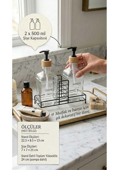 Makri Home Stantlı Bambu Kapaklı İkili Cam Sıvı Sabunluk & Deterjanlık Seti 2 500 Ml, 22,5 8,5 24 Cm Şeffaf